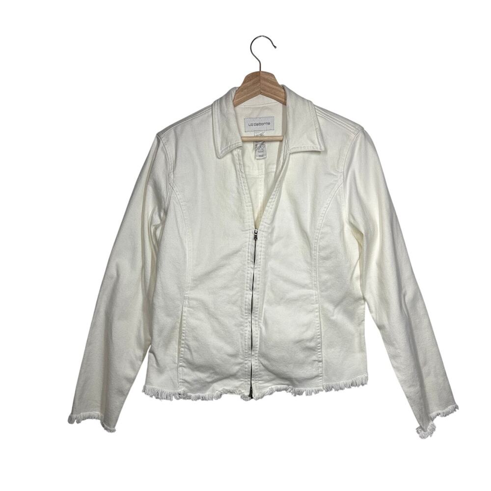 Liz Claiborne Vintage Y2K White Denim Jacket Fringe V-Neck Zip Front L Pockets